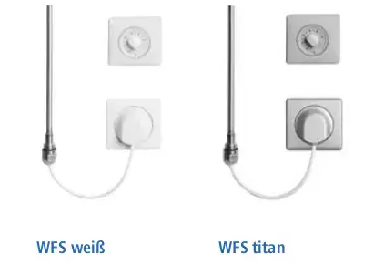 Heizkörpersystem von Kermi mit zwei Anschlussvarianten, in Weiß und Titan, sichtbar sind Thermostat und Anschlussdose in gleicher Farbe.