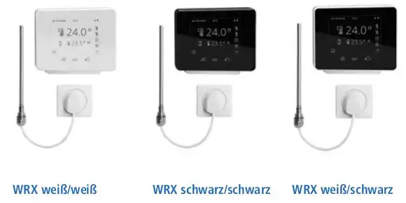 Drei Kermi-Thermostate in verschiedenen Farben (weiß, schwarz, weiß/schwarz) mit digitalen Anzeigen zur Temperaturregulierung. Jedes Gerät hat eine senkrechte Antenne.