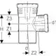 Geberit Rohrverbindungsstück mit drei Anschlüssen, gebogen, zur Verwendung in Abwassersystemen, schematische Darstellung der Maße und Anschlussdimensionen.