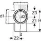 Eckabzweig mit drei Anschlüssen, dargestellt mit Maßlinien und Durchmessern. Konstruiert für Geberit-Systeme mit spezifischen Dimensionen.
