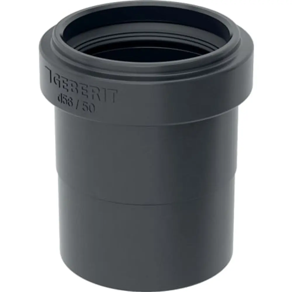 Schwarze Anschlusssteckmuffe aus Kunststoff von Geberit, mit glatter Innenfläche und gerader Form, zur Verbindung von Rohren in Abwassersystemen.