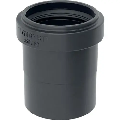 Schwarze Anschlusssteckmuffe aus Kunststoff von Geberit, mit glatter Innenfläche und gerader Form, zur Verbindung von Rohren in Abwassersystemen.