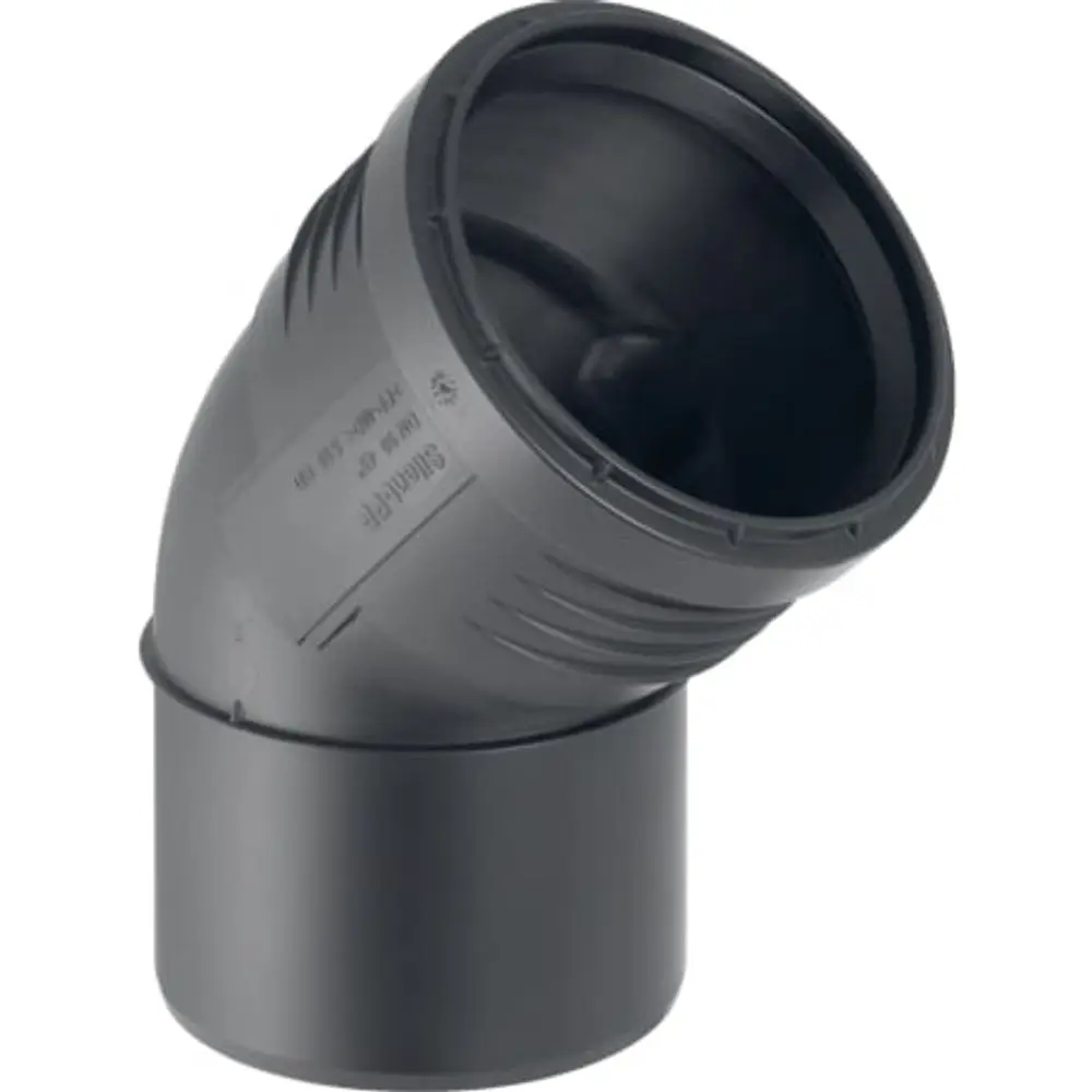 Geberit Bogen aus schwarzem PP-Material mit gebogenem Design. Eignet sich für Rohrverbindungen in Entwässerungssystemen.
