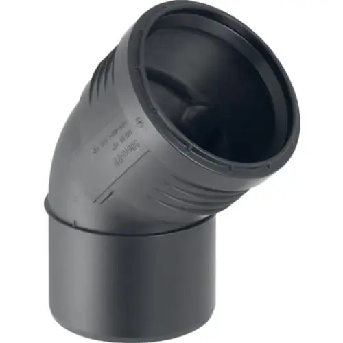 Geberit Bogen aus schwarzem PP-Material mit gebogenem Design. Eignet sich für Rohrverbindungen in Entwässerungssystemen.