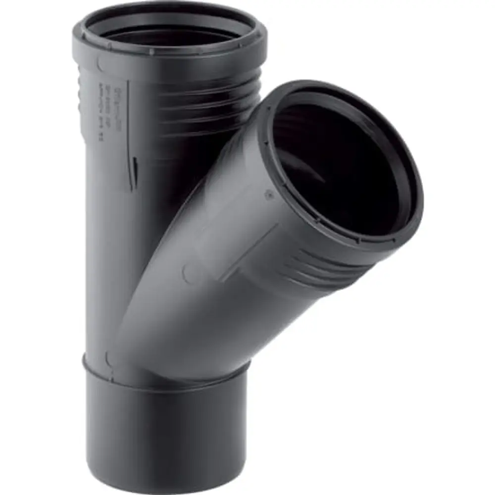 Geberit Abzweigstück aus PP in 45°-Winkel mit zwei mündungsähnlichen Öffnungen, geeignet für Rohrsysteme zur effektiven Ableitung.
