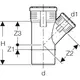 Geberit Abzweigstück mit 45-Grad-Winkel, dargestellt in einem technischen Diagramm mit den Maßen und Positionen Z1, Z2, Z3, H, d und d1 eingezeichnet.