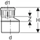 Geberit Reduktion, exzentrisch, mit verschiedenen Durchmessern. Diagramm zeigt technische Maße wie d1, d, H und Z zur genauen Produktbeschreibung.