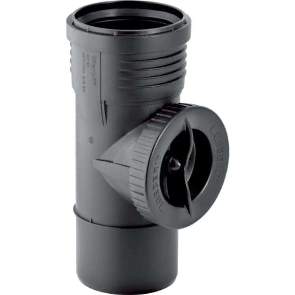 Geberit Reinigungsstück mit runder Serviceöffnung in grau, abgewinkelte Bauform für Abwasserinstallationen, Anschluss DN 50, zur Reinigung von Rohren.