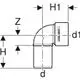 Geberit Anschlussbogen mit 90° Winkel, aus PP-Material, zur Verbindung von Rohren in Installationen. Maße und weitere Details sind im Diagramm dargestellt.