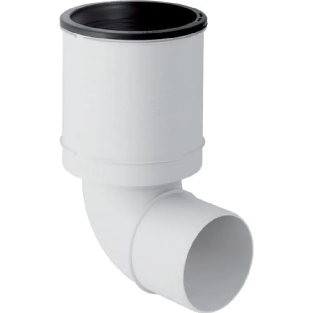 Geberit Silent-PP Anschlussbogen mit einem 87,5°-Winkel, für den Anschluss an WC, in weißer Farbe, mit einem runden Anschlussstück für die Rohrverbindung.