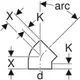 Diagramm eines PE-Rohrbogens mit verschiedenen Linienführungen und Bemaßungen. Geberit wird als verwendete Marke angezeigt.