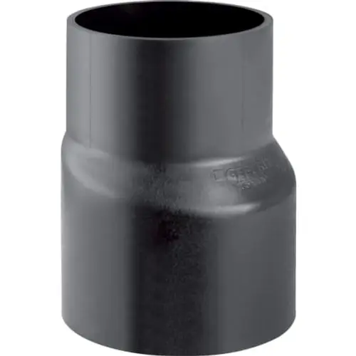 Exzentrische PE-Reduktion in Schwarz, abgerundet, von Geberit. Das Produkt hat einen breiteren und einen schmaleren Anschluss, geeignet für Rohrverbindungen.