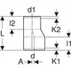 Technisches Diagramm einer PE-Reduktion mit exzentrischer Form, dargestellt in schematischer Ansicht, mit Maßangaben und Kennzeichnungen für Geberit Produkte.