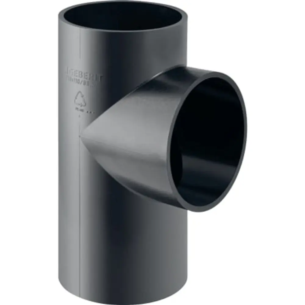 Schwarze PE-Abzweigung von Geberit mit einem Anschluss in einem Winkel von 88,5 Grad, einseitiger Zugang, geeignet für Rohrsysteme.
