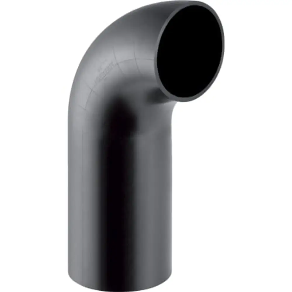 PE Bogen von Geberit mit langem Schenkel in schwarzer Farbe, gekrümmte Form zur Rohrverbindung.