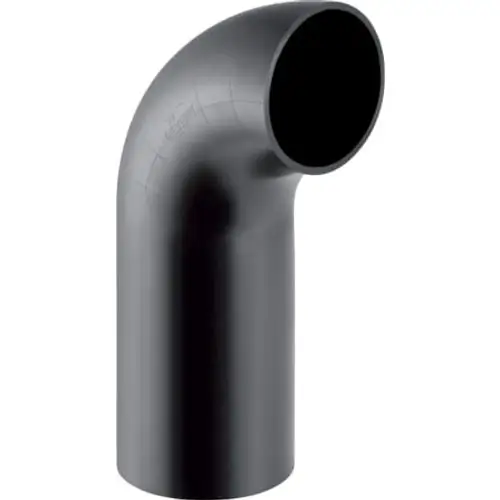 PE Bogen von Geberit mit langem Schenkel in schwarzer Farbe, gekrümmte Form zur Rohrverbindung.