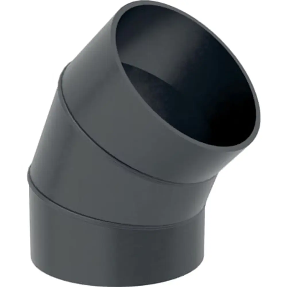 PE-Rohrbogen in Schwarz mit einem geschwungenen Design. Geeignet für Rohrsysteme. Geberit-Produkt zur Verbindung von Rohren in verschiedenen Winkeln.