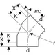 Geberit PE Segmentbogen mit Abrisskante, versehen mit markierten Linien für Maßangaben und Biegeradien, dargestellt in technischer Diagrammform.