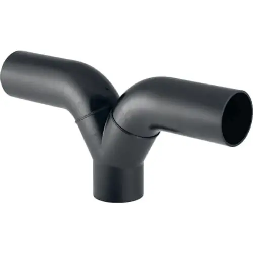 Geberit PE Abzweig aus schwarzem Kunststoff, Y-förmig mit zwei 90° Abgängen, geeignet für Rohre in Sanitärinstallationen.