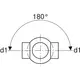 Schematik eines PE-Kugelabzweigs mit zwei Anschlüssen, die um 180° versetzt sind. Geberit-Logo erkennbar. Darstellung zeigt die Rundung und die Dimensionen d1.