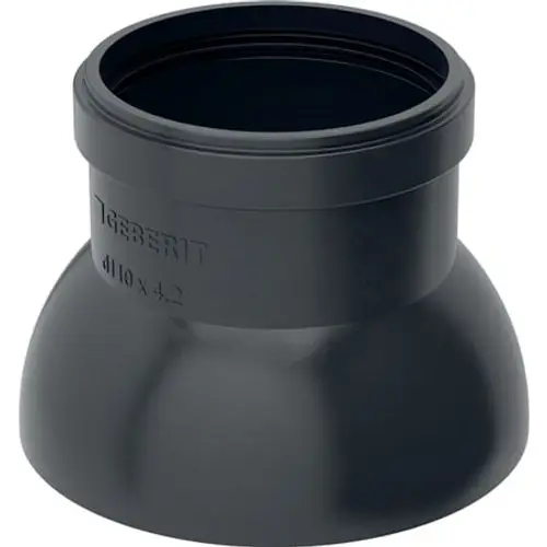 Geberit-Verbindungselement aus schwarzem Kunststoff mit breiter Basis und einem oberen Anschluss, geeignet zur Verbindung von Rohrleitungen.