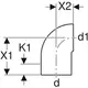 PE-Bogen mit einem Radius und langen Schenkeln, dargestellt mit Maße für d1, d, X1, K1 und X2. Teile von Geberit, geeignet für Rohrsysteme.