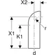 PE Bogen mit langem Schenkel und kleinem Radius, dargestellt mit Maßangaben. Geberit-Produkt zur Verbindung von Rohrleitungen in der Installationstechnik.