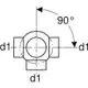 PE Kugelabzweig mit drei Anschlüssen, die 90° versetzt sind. Geberit Produkt, geeignet für Rohrleitungen. Darstellung in technischem Diagramm.