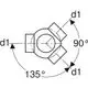 PE Kugelabzweig mit drei Anschlüssen, abgebildet mit 135°-Versatz und 90°-Winkel, von Geberit, zeigt eine schematische Darstellung der Verbindungen.
