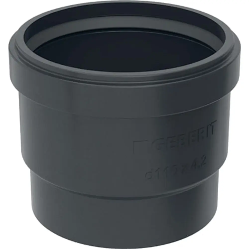Schwarze PE Steckmuffe von Geberit mit einem glatten Rand und inneren Lippendichtungen zur Verbindung von Rohren.