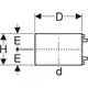 PE Thermomuffe mit unterschiedlichen Durchmessern und Höhen, detaillierte Maße sowie Verbindungselemente. Produkt von Geberit, geeignet für Rohrverbindungen.