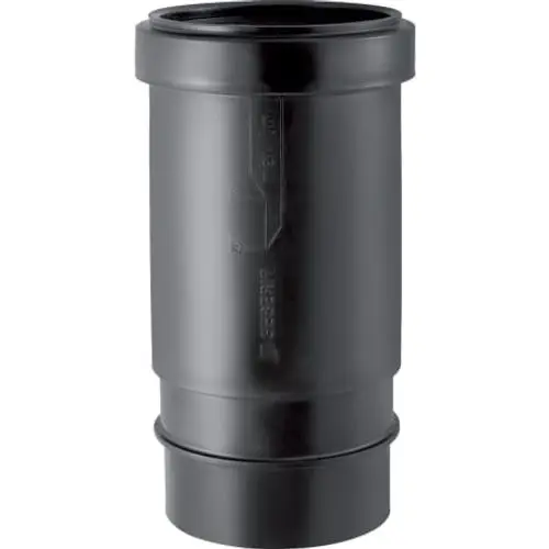 Schwarze Kunststoffverbindung mit doppeltem Bund, geeignet für Rohrleitungen. Geberit-Produkt zur Verbindung von Rohren in Abwassersystemen.