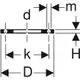 Geberit PE Losflansch mit schematischer Darstellung der Maße für Anschlüsse, ausgelegt für DN 50 Anwendungen, zeigt die Dimensionen d, k, D, H, m.