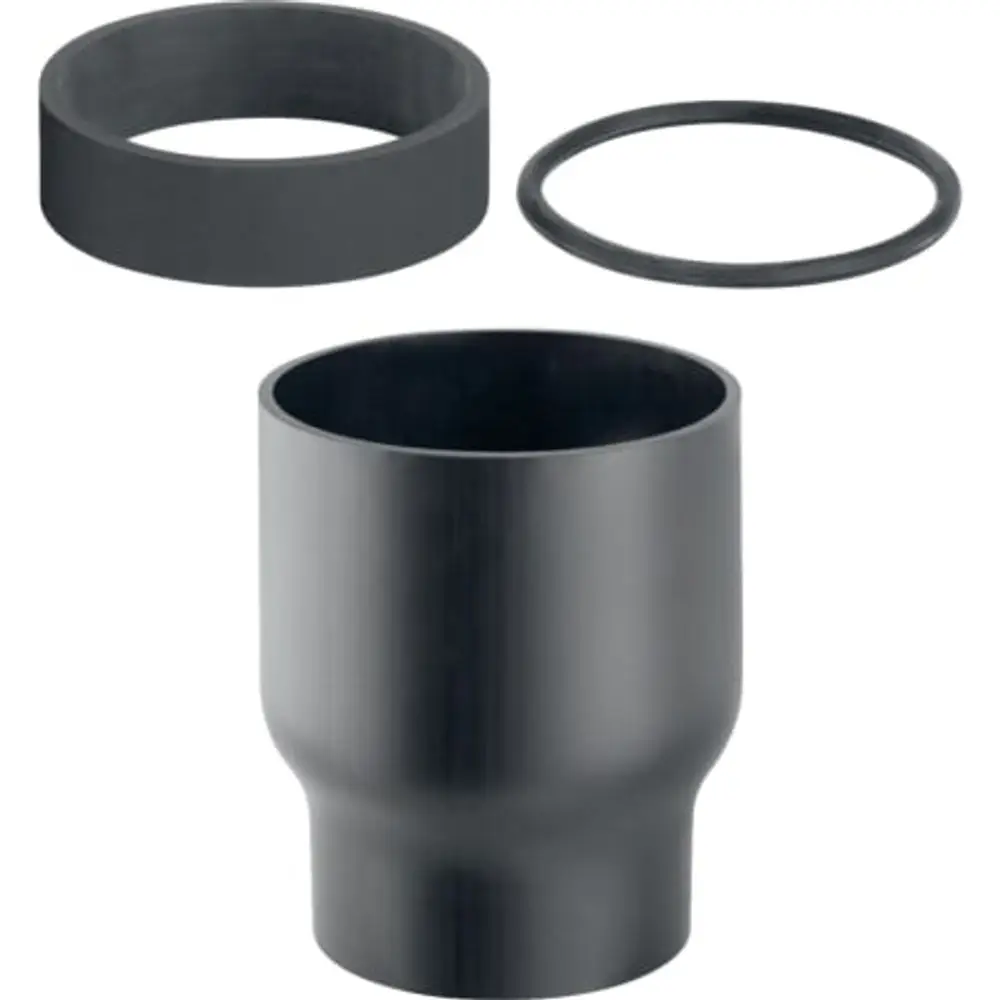 Geberit PE Übergangsstutzen mit Schrumpfmuffe in Schwarz, bestehend aus einem konischen Stutzen, einem O-Ring und einem passenden Endstück.