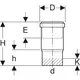 Technisches Zeichnungsdiagramm einer PE-Langmuffe mit verschiedenen Maßen. Die Marke Geberit ist angegeben.