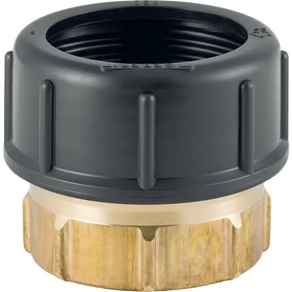 PE Übergangsstutzen mit schwarzem Innengewinde und goldenem Quetschbereich, hergestellt von Geberit, für sichere Rohrverbindungen im Wassersystem.
