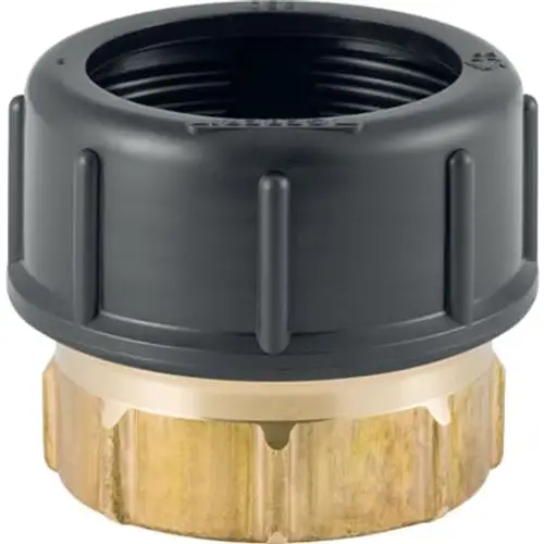 PE Übergangsstutzen mit schwarzem Innengewinde und goldenem Quetschbereich, hergestellt von Geberit, für sichere Rohrverbindungen im Wassersystem.