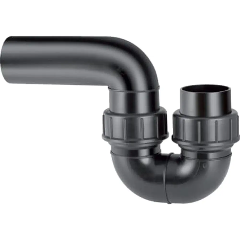 Schwarzer PE-Rohrbogen mit zwei Anbindungen, geeignet für Abwassersysteme. Geberit-Produkt, bietet Geruchsverschlussfunktion.