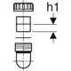 Geberit Geruchsverschluss mit verschiedenen Komponenten, darunter ein gewellter Deckel, ein quadratisches Element und ein abgerundeter Abschluss, schematisch dargestellt.