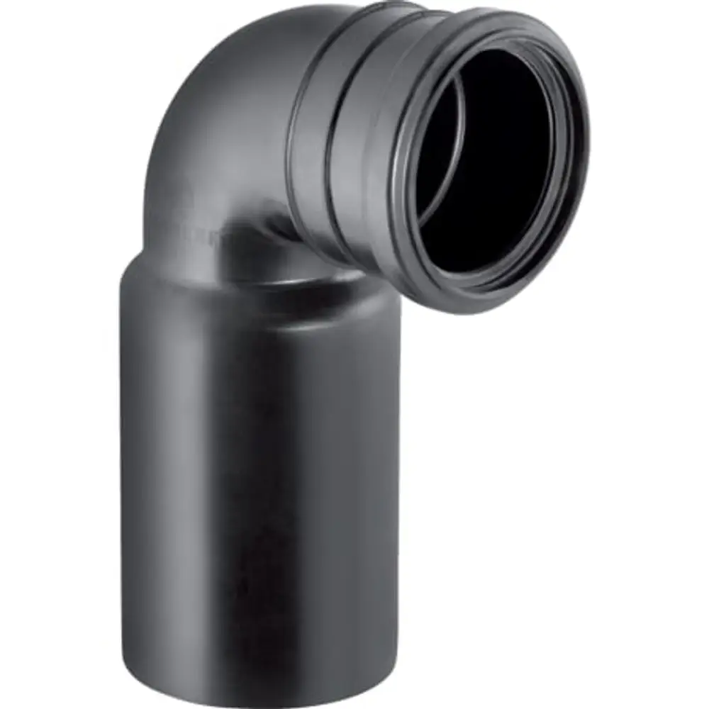 PE Anschlussbogen in schwarzer Farbe, gebogen im 90° Winkel, geeignet für die Verwendung mit Geberit Wand-WC-Systemen.