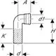 Geberit PE Anschlussbogen 90° für Wand-WC mit gekennzeichneten Maßen und Rohranschlüssen, dargestellt in einer schematischen Zeichnung.