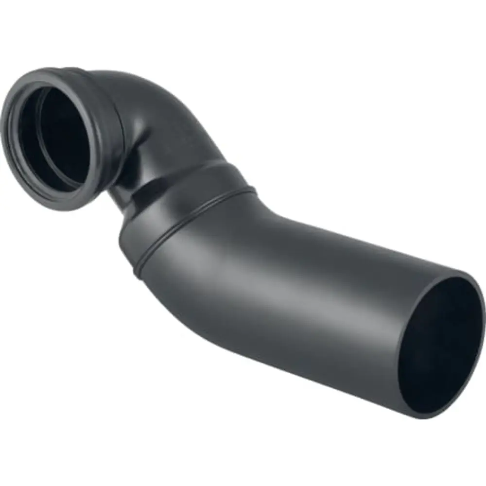 Geberit PE Anschlussbogen mit links gekröpfter Form und Erweiterung, für den Anschluss an ein Wand-WC, bietet eine 90°-Drehung.