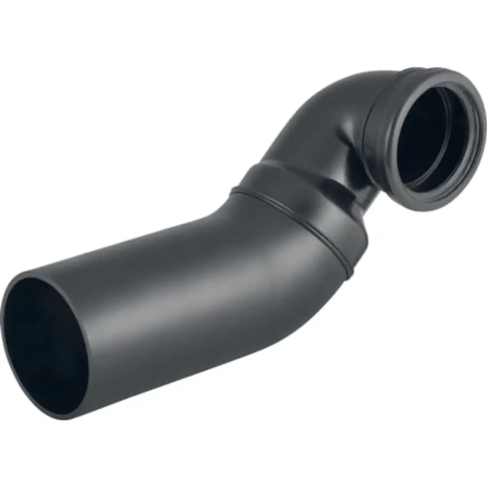 PE Anschlussbogen mit einem abgewinkelten Design für den Anschluss von Wand-WC, hergestellt von Geberit. Der Bogen zeigt eine Verbindung ohne sichtbare Couplings.