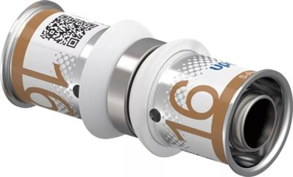 Kupplung von Uponor mit einem weißen Gummi-Ring und metallischer Verbindung. Auf der Oberfläche sind Grafiken und eine QR-Code-Abbildung zu sehen.