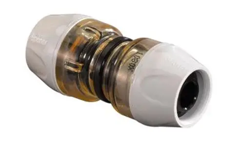 Fittings für das Uponor-Verbundrohrsystem, mit einem transparenten und einem weißen Teil, designed für sichere Rohrverbindungen.