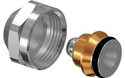 Zwei Fittings für ein Verbundrohrsystem, bestehend aus einem silbernen Gewinde-Adapter und einem orangefarbenen und silbernen Anschluss.