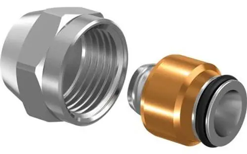 Bild eines metallischen Fittings, bestehend aus einem gewindeten Anschluss und einem glatten Verbindungsteil mit einer Dichtungsring-Gummierung.