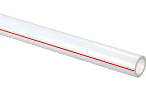 Weißes PE-Xa Rohr mit rotem Streifen, geeignet für flexible Rohrsysteme.
