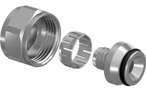 Drei Teile eines Fittings: eine Mutter mit Innengewinde, ein Sicherungsring und eine Muffe mit Außengewinde und Dichtung. Alle Komponenten bestehen aus Metall.