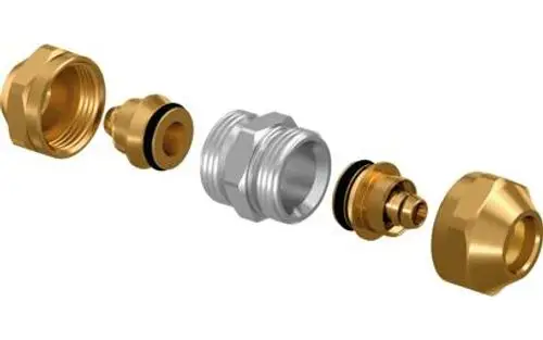 Eine zerlegte Baugruppe von Rohrfittings für Flächenheizungs- und Kühlsysteme, bestehend aus mehreren Komponenten in verschiedenen Materialien.